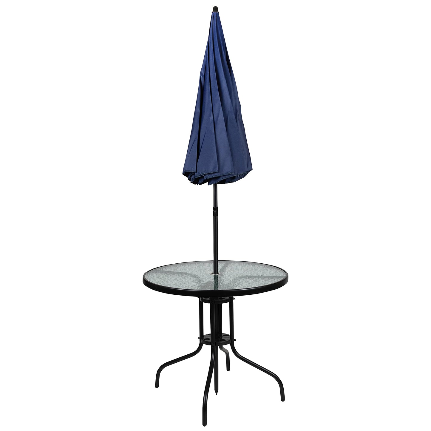 6 Piece Navy Patio Garden Set with Table, Umbrella and 4 Folding Chairs