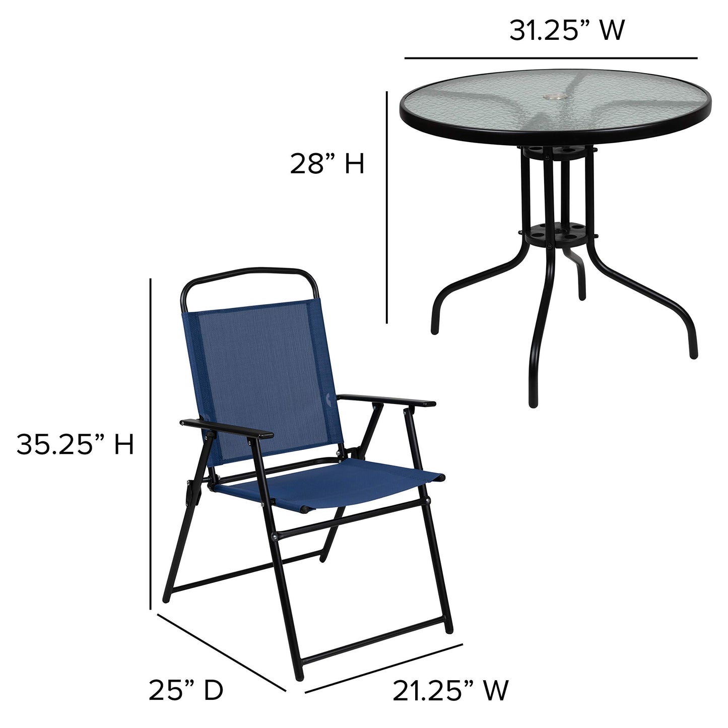 6 Piece Navy Patio Garden Set with Table, Umbrella and 4 Folding Chairs