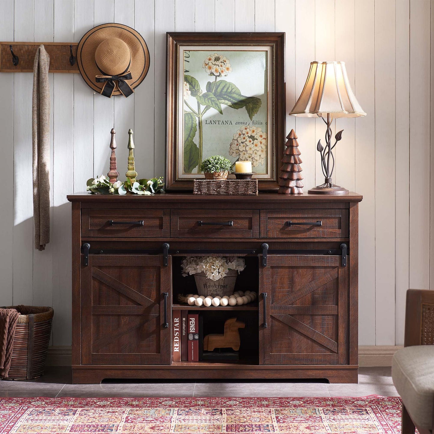 Farmhouse Buffet Cabinet, 53” Sideboard Cabinet w/3 Drawer, Rustic Storage Cabinet w/Sliding Barn Door, Coffee Bar Cabinet for Dinning Room, Kitchen, Hallway, and Living Room, Brown