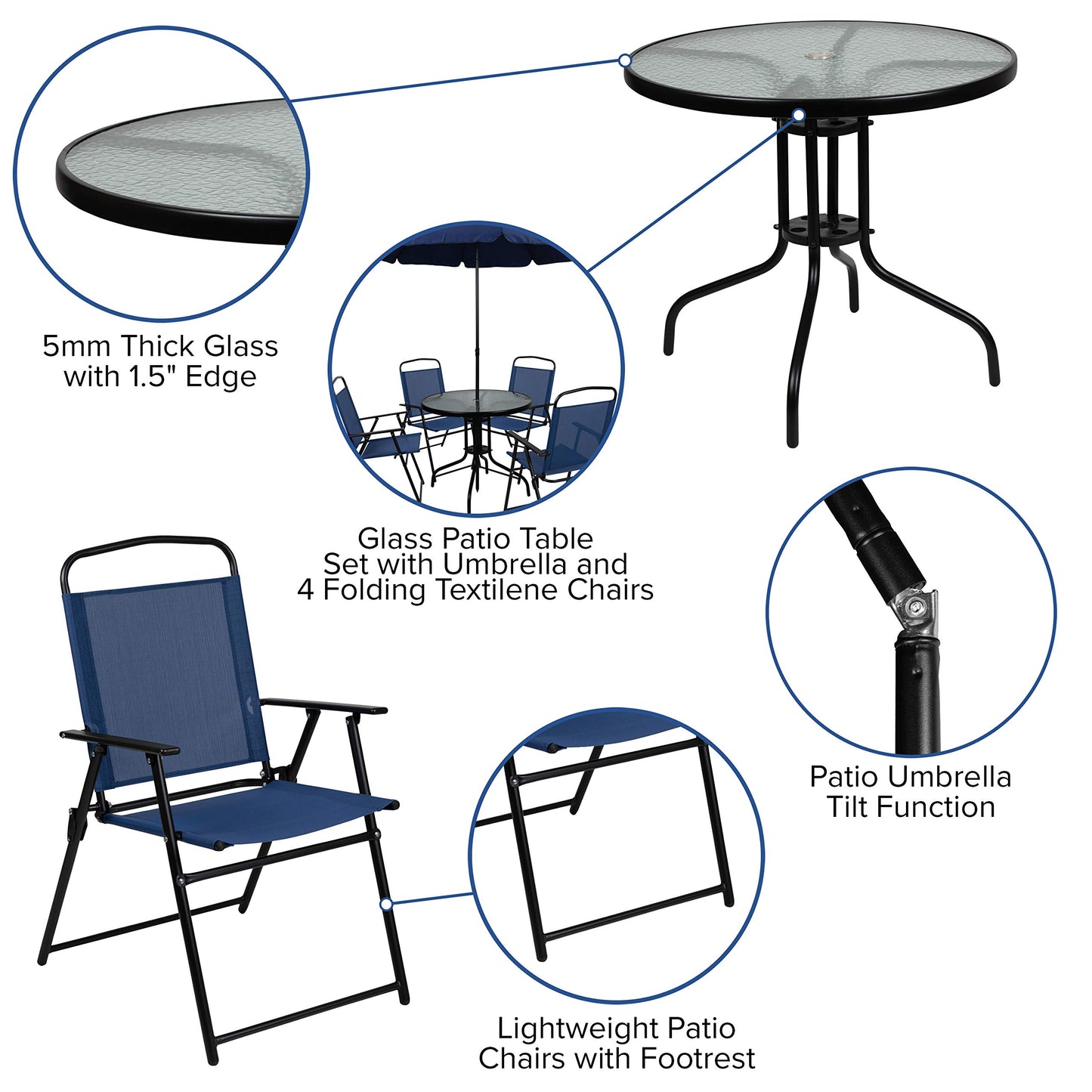 6 Piece Navy Patio Garden Set with Table, Umbrella and 4 Folding Chairs