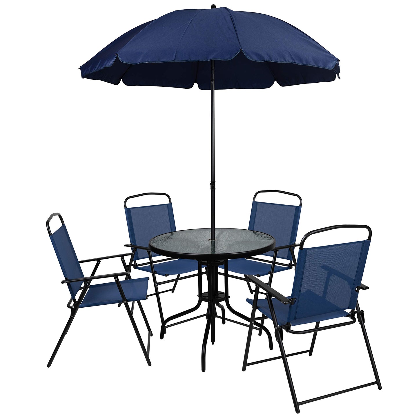 6 Piece Navy Patio Garden Set with Table, Umbrella and 4 Folding Chairs